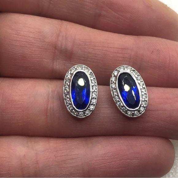 Vtg Sterling Silver Oval Blue & White Cz Halo Stud Earrings .6” x .4” - Picture 5 of 8